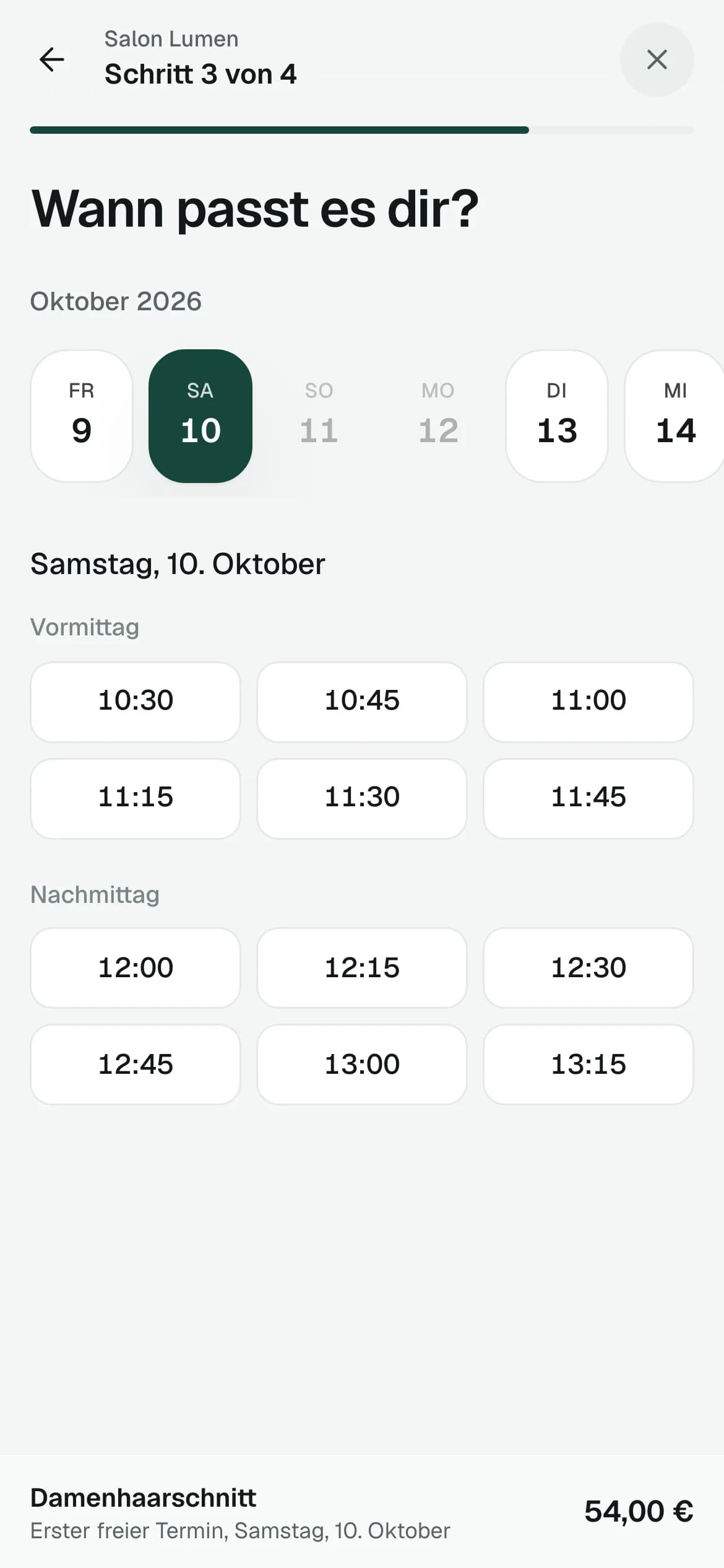 Buchungsseite am Handy: freie Uhrzeiten wählen