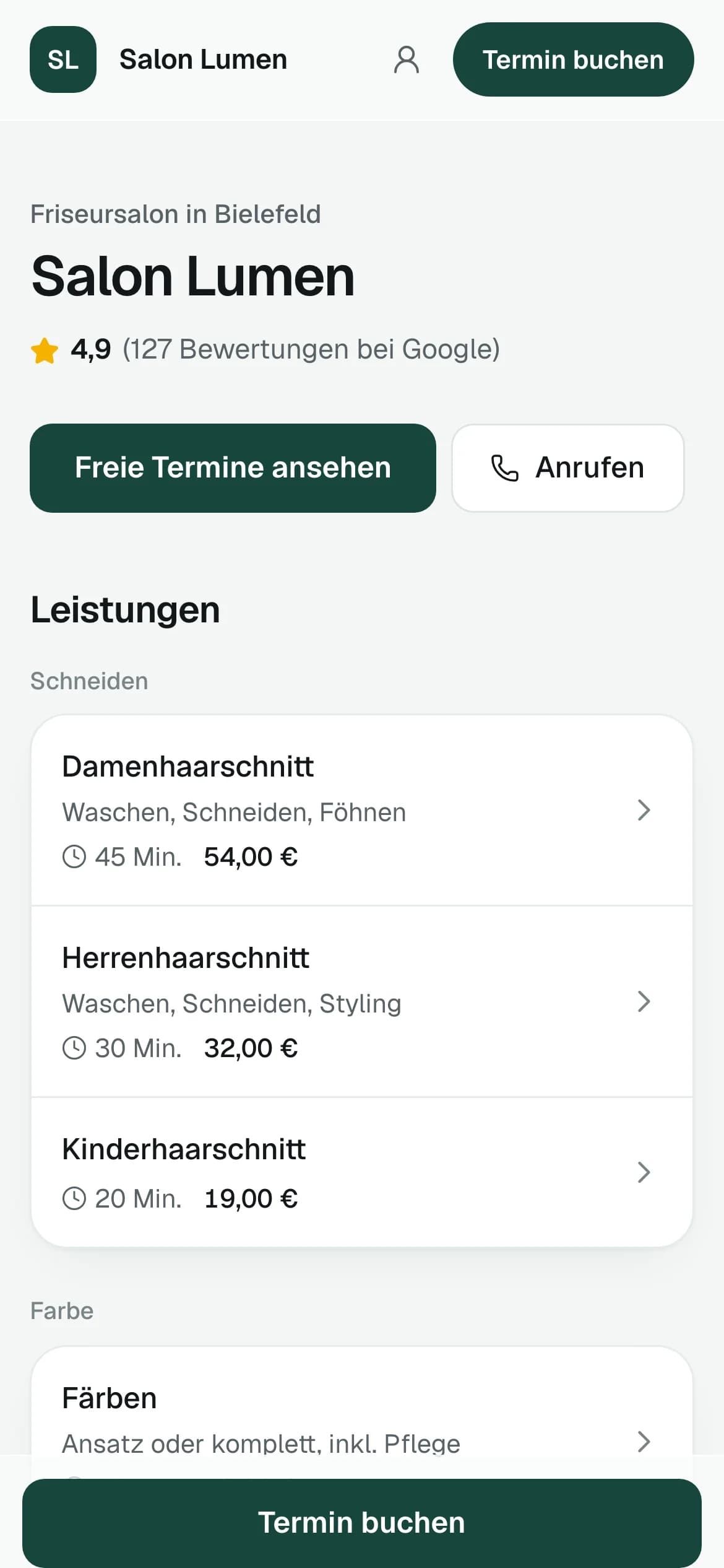 Buchungsseite eines Salons mit Leistungen und Preisen