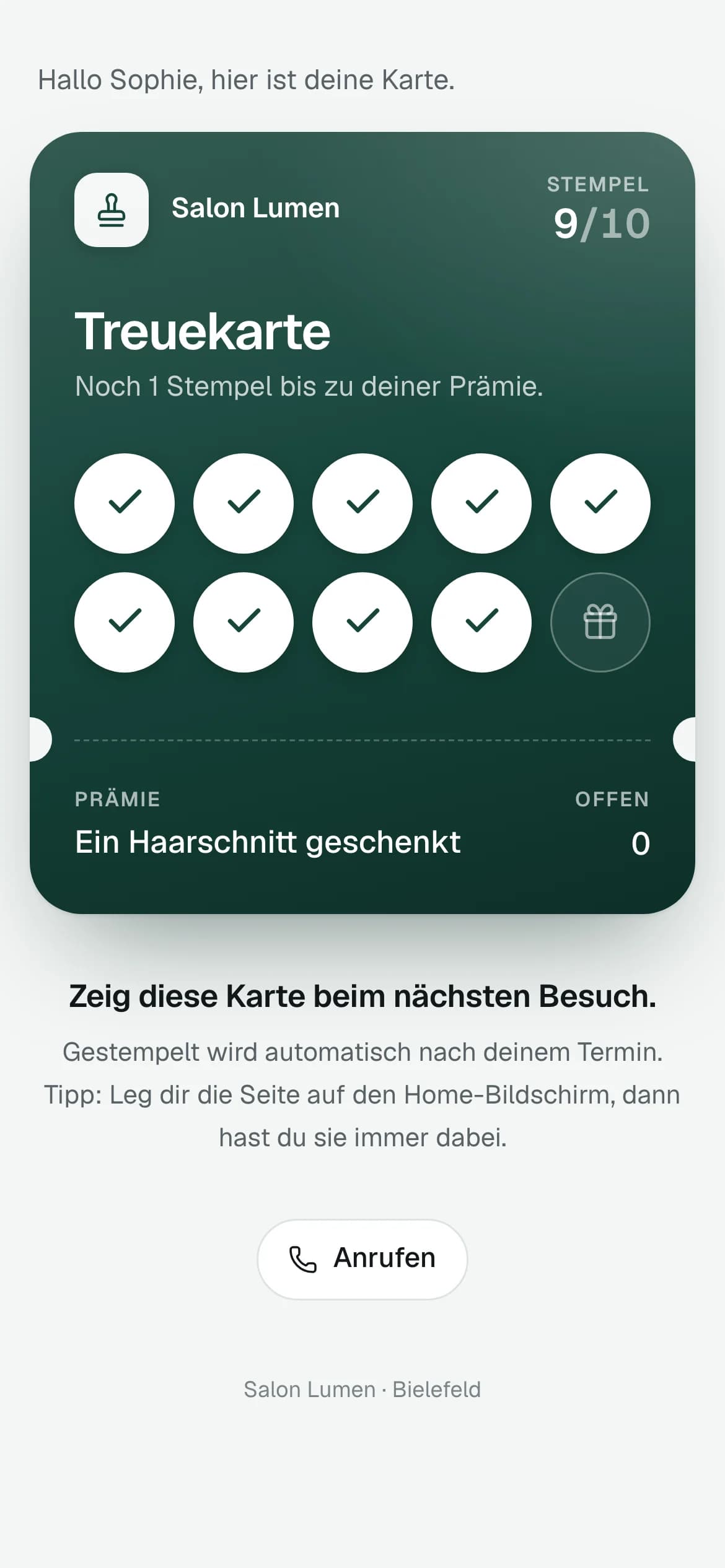 Digitale Treuekarte mit neun von zehn Stempeln